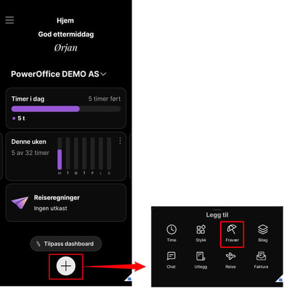 Plussknappen på dashboardet i PowerOffice Go-mobilappen for rask registrering av ferie og fravær.