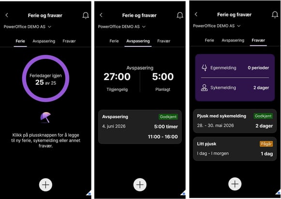 Ferie og Fravær i mobilappen, med fanene Ferie, Avspasering og Fravær, og tilhørende widgeter