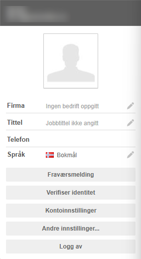 Brukerprofil: ingen bedrift, språk Bokmål. Knapper: Fraværsmelding, Verifiser identitet, Kontoinnsillinger, Logg av.
