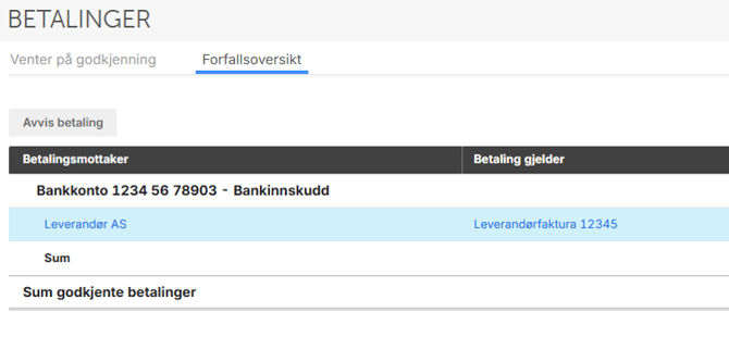 Betalinger-fanen Forfallsoversikt med betalingsmottaker Bankkonto 1234 56 78903 og betalingsgjeld fra Leverandør AS