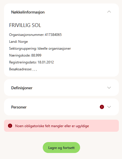 Nøkkelinformasjon FRIVILLIG SOL: org.nr, Norge, sektor, registreringsdato. Obligatoriske felt mangler. Knapp Lagre og fortsett.