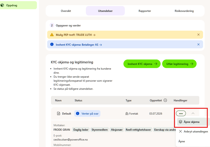 Oppgaver → Utsendelser, KYC-skjema. Status «Venter på svar», type «Foretak», opprettet 03.07.2026. Menyknapp «Åpne skjema».
