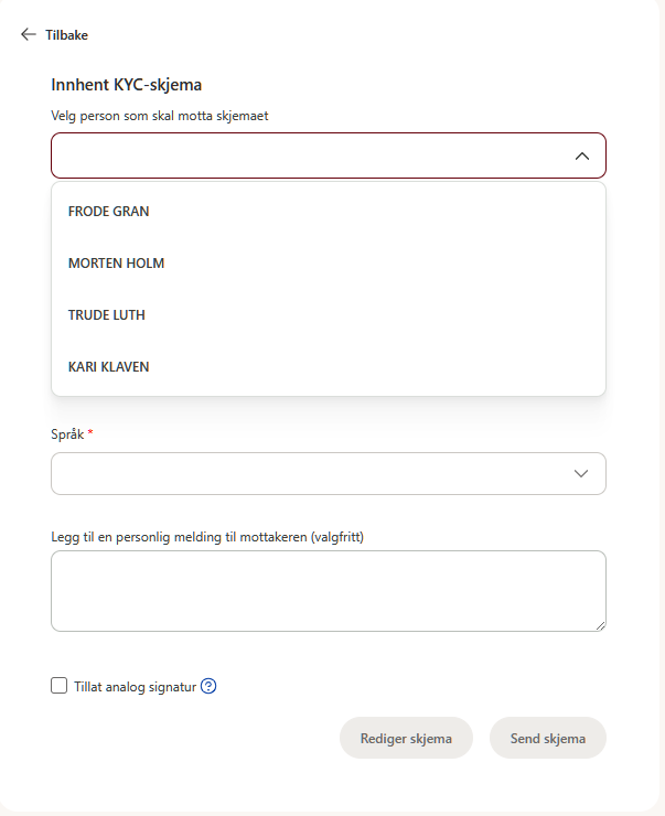 KYC-skjema med søkefelt for person, språkvalg, meldingsfelt og knappene Rediger og Send