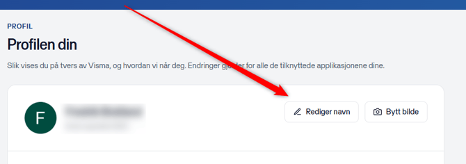 Profilside med brukerinitialer, navn (maskert), og knappene Rediger navn og Bytt bilde