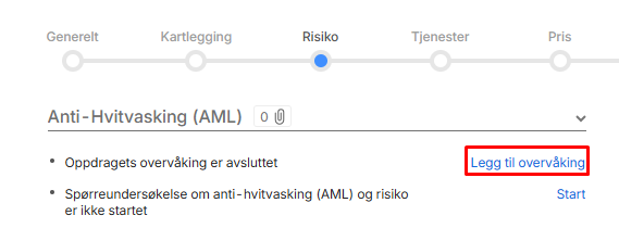 Risiko-fanen i Anti-Hvitvaskingsprosessen → Overvåking av avsluttet sak, knapp Legg til overvåking markert