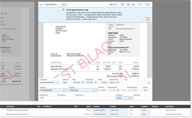 Faktura 43546 fra HAALAND AS → weber WP plate, weberbase 136 Tynnpuss, debet-/kreditkontoer