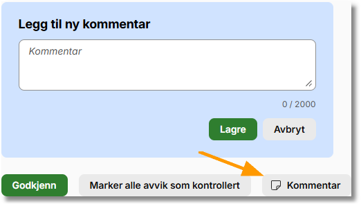 Dialogboks Legg til ny kommentar med tekstfelt, tegnteller 0/2000, og knappene Lagre og Avbryt