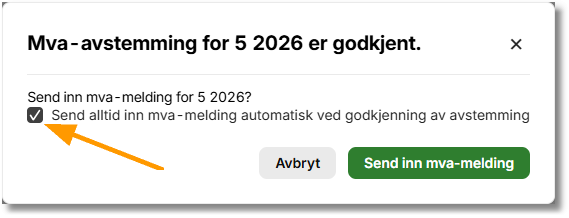Dialogboks Mva-avstemming for 5 2026 med avkrysset alternativ for automatisk innsending og Send inn mva-melding-knapp