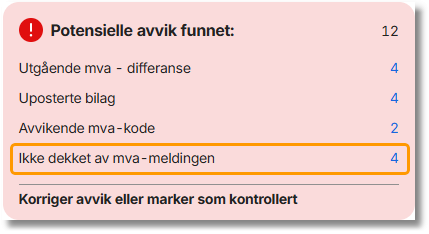 Advarselspanel: 12 poster med avvik (mva-differanse, uposterte bilag, avvikende mva-kode, ikke dekket)