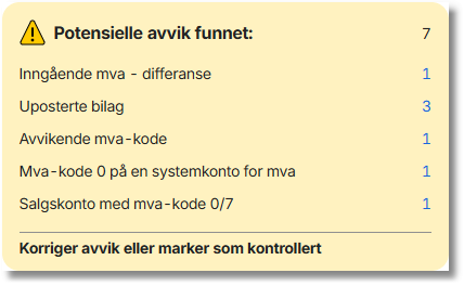 Advarsel: Potensielle avvik – mva-differanse, uposterte bilag, avvikende mva-kode, mva-kode 0