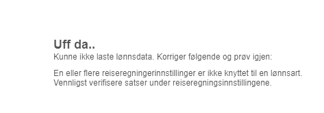 Bilde av feilmelding som som sier at reiseregningsinnstillinger mangler lønnsart