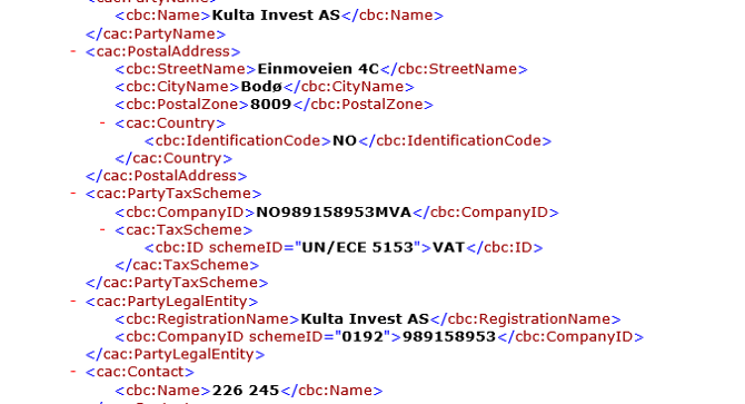 XML-struktur for leverandør Kulta Invest AS med adresse, organisasjonsnummer og VAT-ID