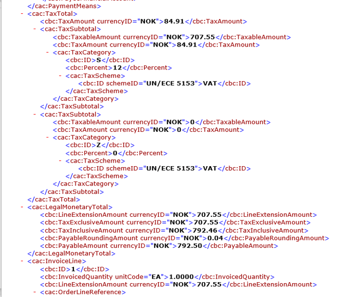 XML-struktur for faktura med mva-beregning, beløp i NOK og skattekategorier S og Z