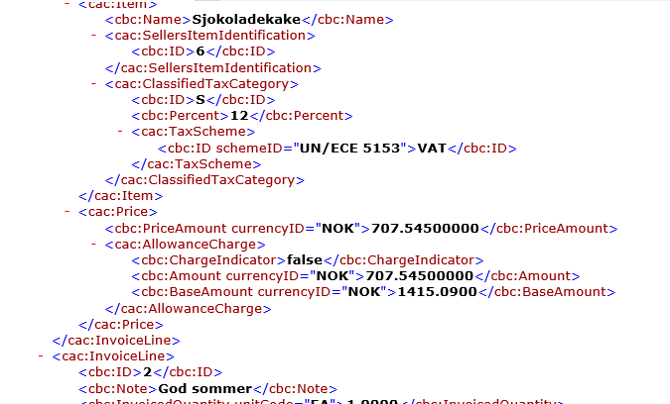XML-struktur for fakturalinjer med artikkel Sjokoladekake, pris 707,54 NOK, mva-sats 12 prosent og note «God sommer»