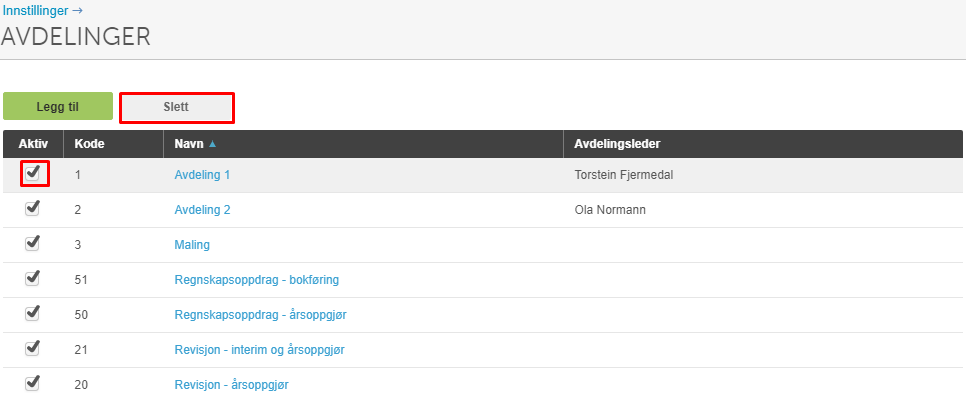Avdelinger-tabell: Avdeling 1 (Torstein Fjørmedal), Avdeling 2 (Ola Normann), 5 regnskap-oppgaver — alle aktive