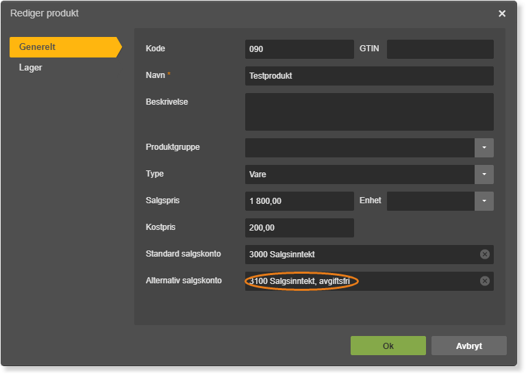 Rediger produkt-dialogboks med feil i Alternativ salgskonto-feltet (oransje markering)