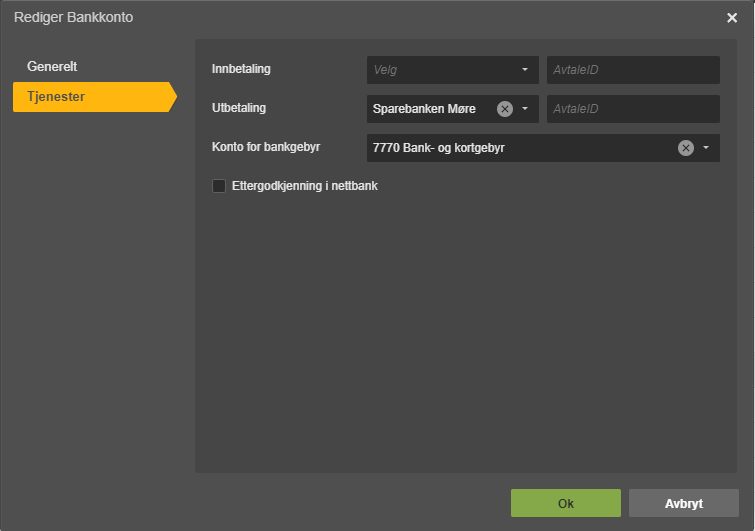 Tjenester-fane i Rediger Bankkonto: Innbetaling, Utbetaling (Sparebanken Møre), konto 7770
