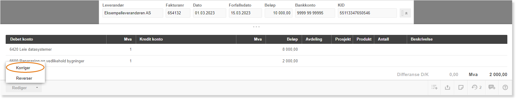Faktura 654132: Debetkonto 6420 Leie datasystemer og 6600 Renovasjon, Korriger/Reverser-meny åpen