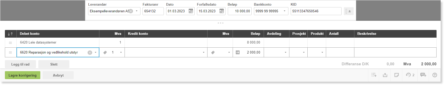 Fakturaregistrering: leverandør Eksempelleverandør AS, dato 01.03.2023, to posteringer debet 6420 og 6620, totalt 10 000,00