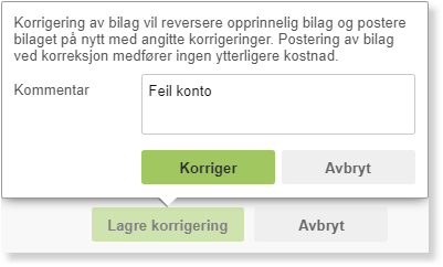 Korrigeringsdialog: Kommentar-felt, Fyll konto-felt, Korriger og Avbryt-knapper