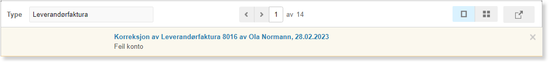 Leverandørfaktura-liste side 1 av 14 med korreksjonspost 8016 Ola Normann 28.02.2023, årsak Feil konto