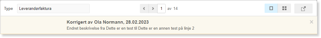 Leverandørfaktura side 1 av 14, varsling om korreksjon fra Ola Normann 28.02.2023