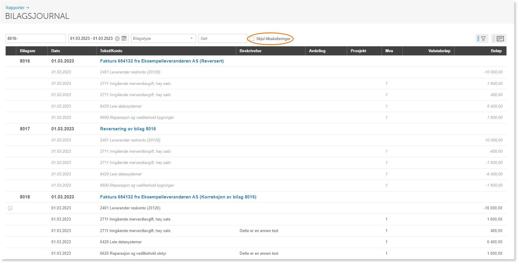 Bilagsjournal 01.03.2023–01.03.2023 med filter Skjul tilbakeferinger aktivert, viser bilag 8016–8018