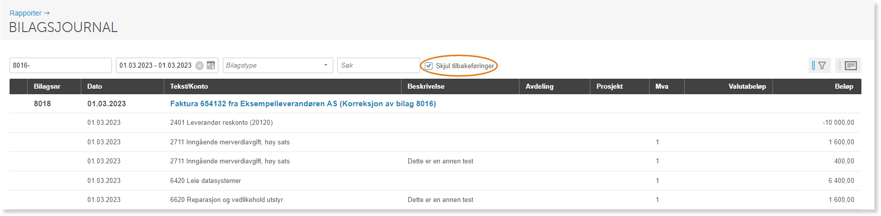 Bilagsjournal 01.03.2023 med «Skjul ibakakeferinger» aktivert, viser faktura 654132 og journalposter fra leverandør