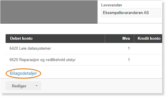 Bilagslinje-dialog: leverandør Eksempelleverandøren AS, debetkonto 6420/6620 med Mva-felt, Bilagsdetaljer markert