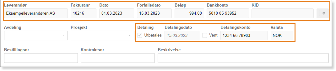 Kjøpsfaktura for Eksempelleverandøren AS (f.nr. 10216), betalingsdato 15.03.2023, konto Vent, NOK