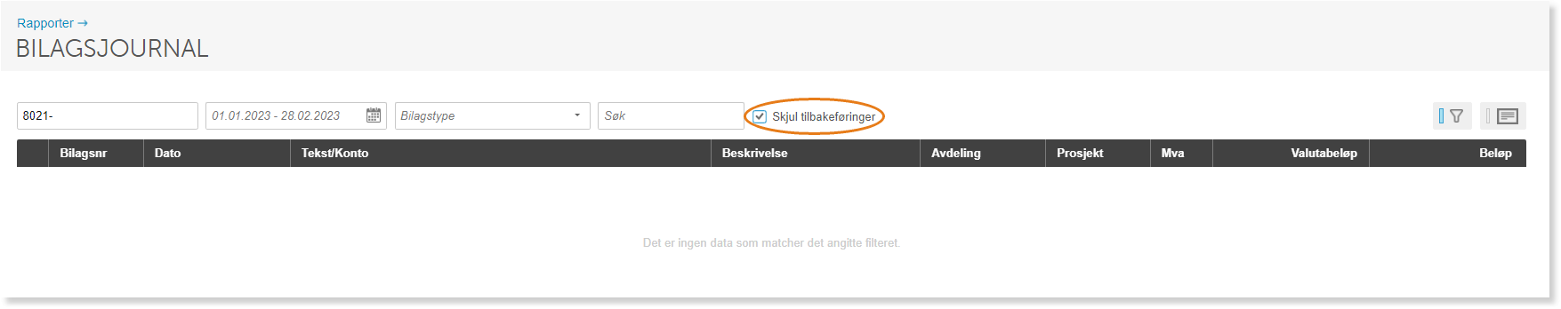 Bilagsjournal-rapport: datofilterkriterie 01.01–28.02.2023, Skjul likbakeferinger aktivert, 9 tabelkolonner synlig
