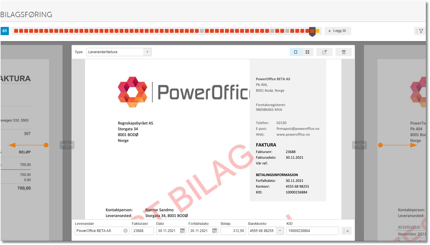Leverandørfaktura 23688: PowerOffice BETA AS, 700,00 kr, forfall 30.11.2021, konto 4555 68 98255