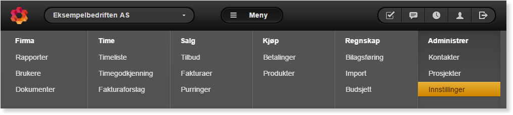Hovedmeny PO Go: Firma, Time, Salg, Kjøp, Regnskap, Administrer. Innstillinger markert orange