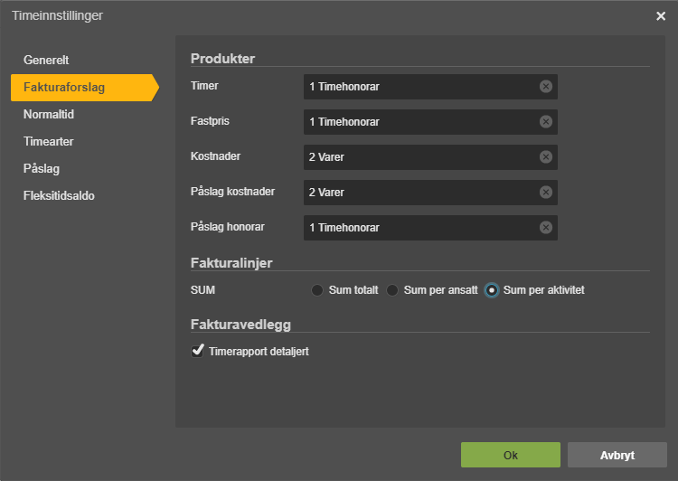 Timeinnstillinger › Fakturaoprslag: Timer, Fastpris, Kostnader → Honrorarer, SUM per aktivitet, Timerapport