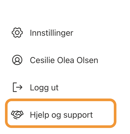 Brukermeny med Innstillinger, bruker Cesilie Olea Olsen, Logg ut, Hjelp og support markert