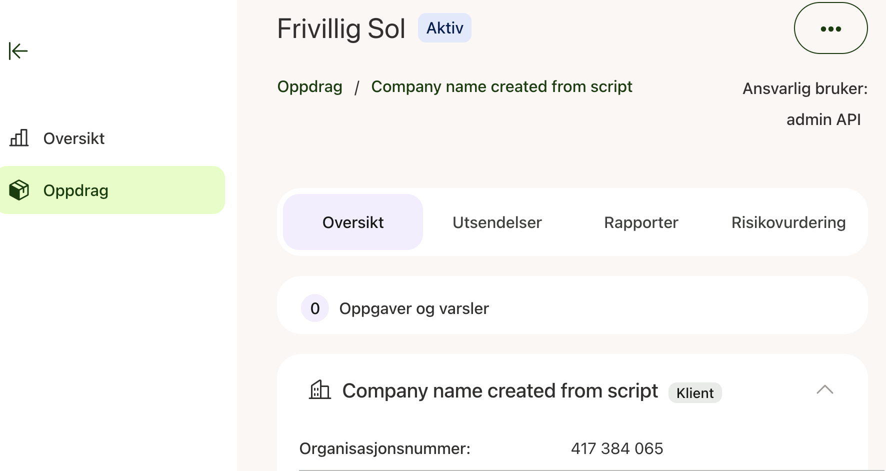 Frivillig Sol oppdrag med Oversikt-fanen aktiv, 0 oppgaver og varsler, organisasjonsnummer 417 384 065