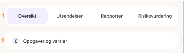 PO Go-modul: Oversikt-fane aktiv, med faner for Utsendelser, Rapporter, Risikovurdering. Null oppgaver og varsler.