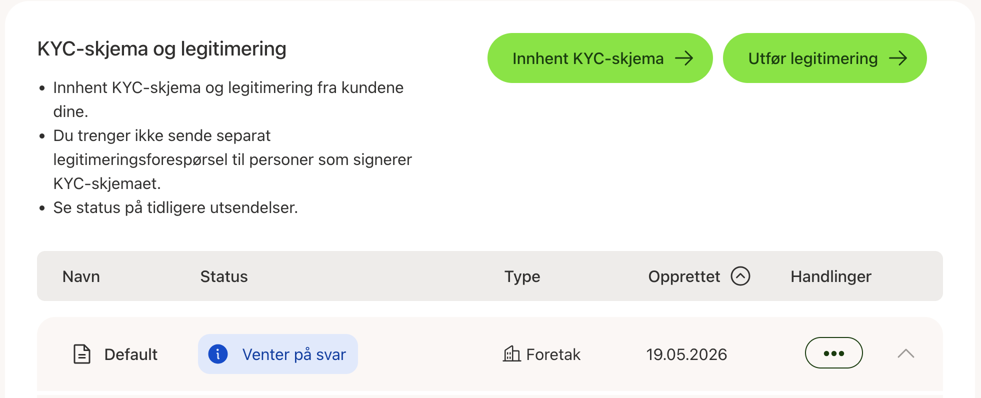 KYC-skjema tabell: Default foretak, status «Venter på svar», opprettet 19.05.2026