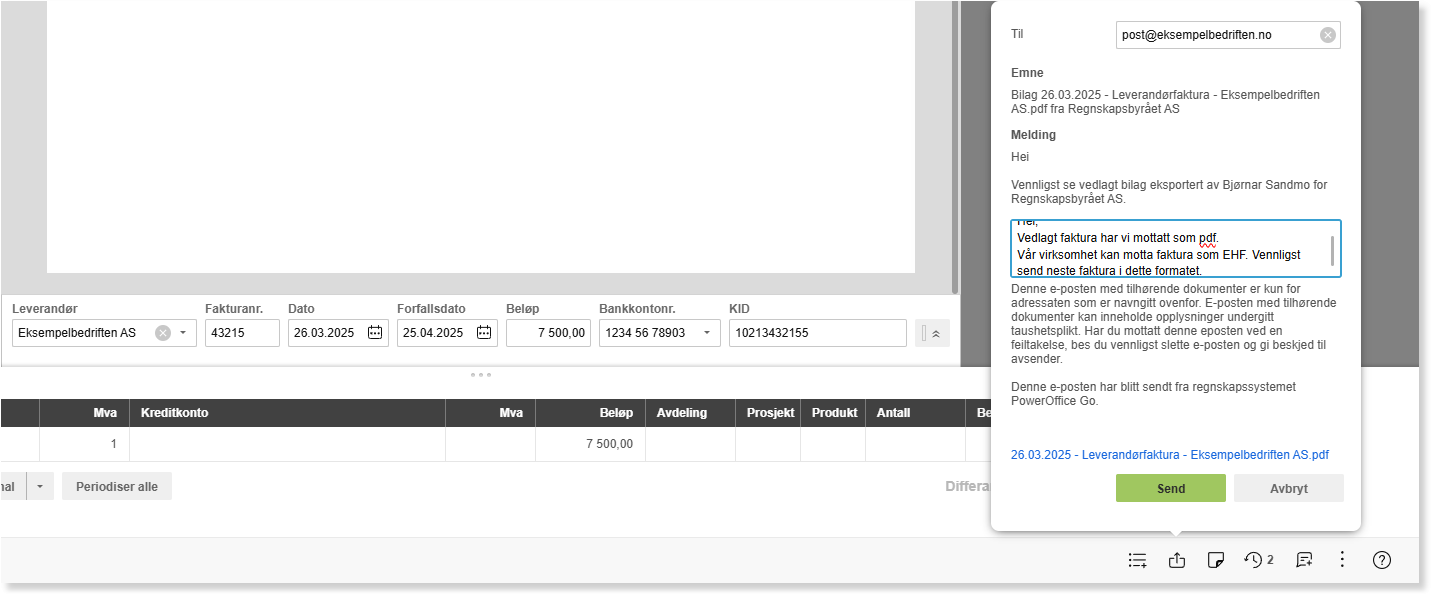 Send e-post dialog: mottaker post@eksempelbedriften.no, vedlegg leverandørfaktura PDF, melding om EHF-format