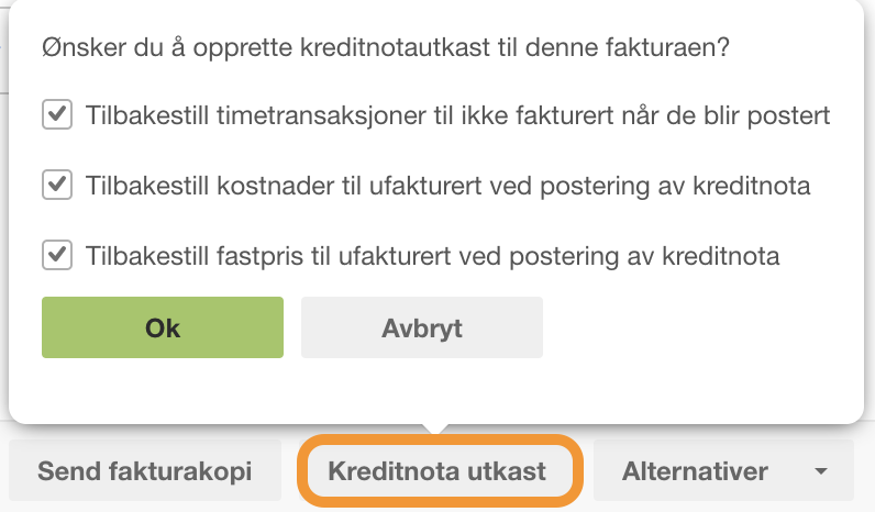 Dialogboks kreditnota med tre avmerkede alternativer for timetransaksjon, kostnader, fastpris. Ok-knapp aktiv.