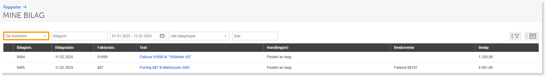 Mine bilag-oversikt: faktura 91699 1.250 kr og purring 887 4.001,90 kr, begge fra februar 2025