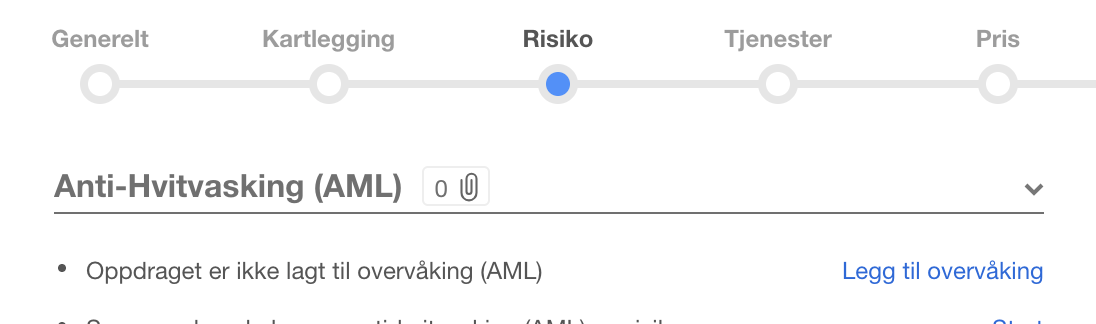 Risiko-fane i AML-innstillinger: oppdraget ikke lagt til overvåking, med lenke for å legge det til