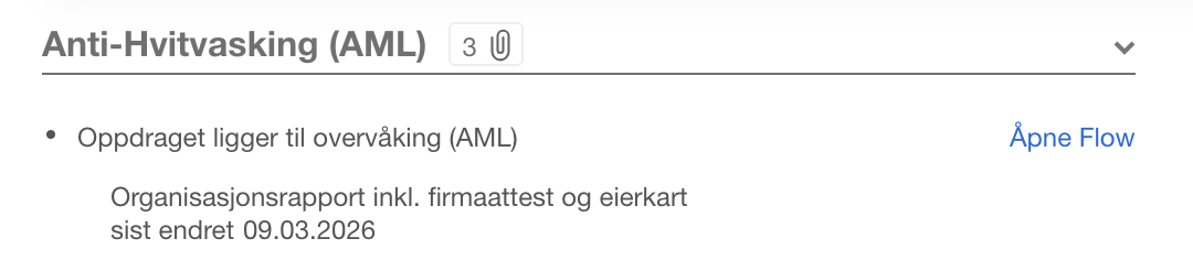 AML-oppdraget → Overvåking. Organisasjonsrapport, firmaattest, eierkart (09.03.2026). Åpne Flow-knapp.