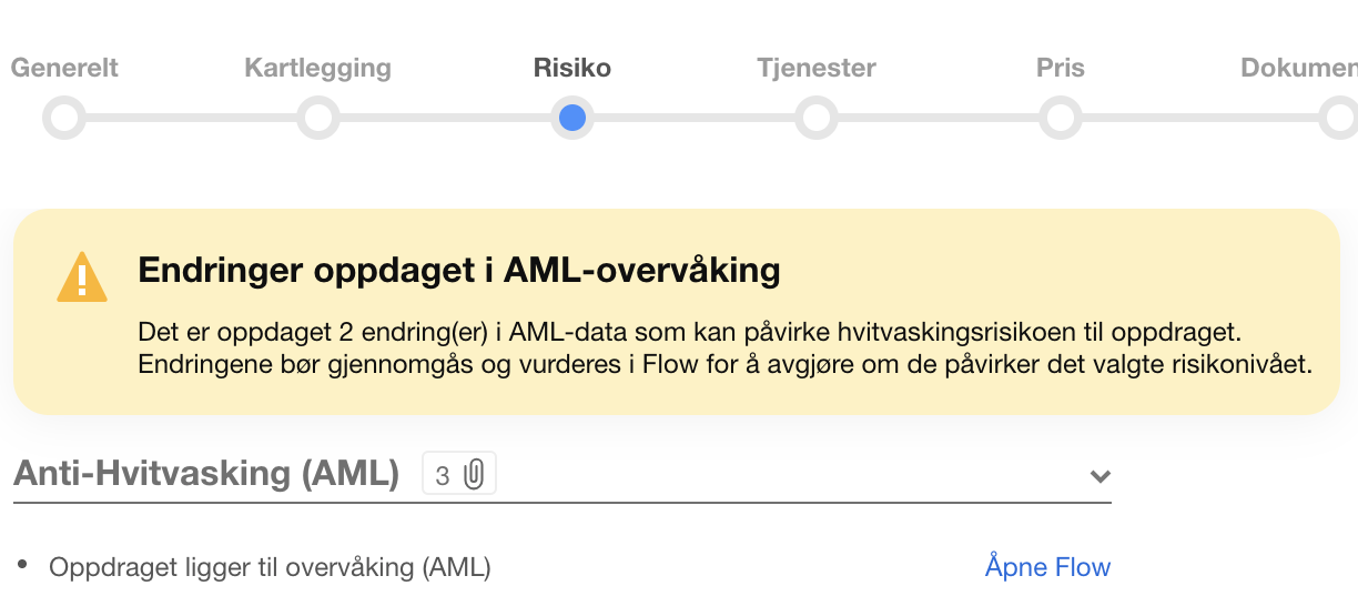 Risiko-fanen i AML-flyt: varsel om 2 endringer i AML-data + Anti-Hvitvaskingsoppdraget til overvåking