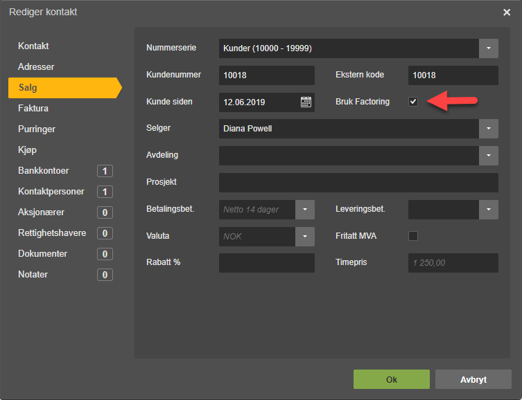 Rediger kontakt-dialog: kunde 10018, Diana Powell, Netto 14 dager, Bruk Factoring aktivert