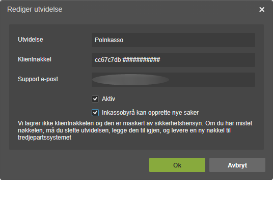 Dialogboks Rediger utvidelse: Klientnakkel, Poinkasso (maskert), e-post, Aktiv, Inkasobyra, sikkeringsadvarsel, Ok/Avbryt