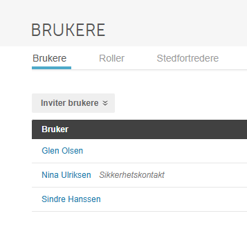 Brukere-siden med liste: Glen Olsen, Nina Ulriksen (sikkerhetskontakt), Sindre Hanssen — Inviter brukere-knapp øverst