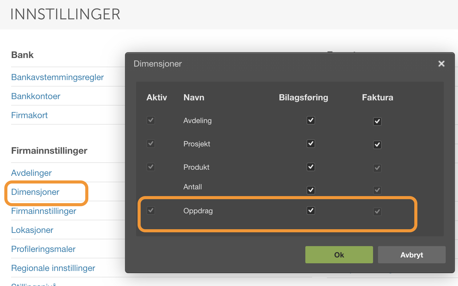 Dimensjoner-dialogboks: Avdeling, Prosjekt, Produkt, Antall, Oppdrag → Aktiv, Navn, Bilagsføring, Faktura