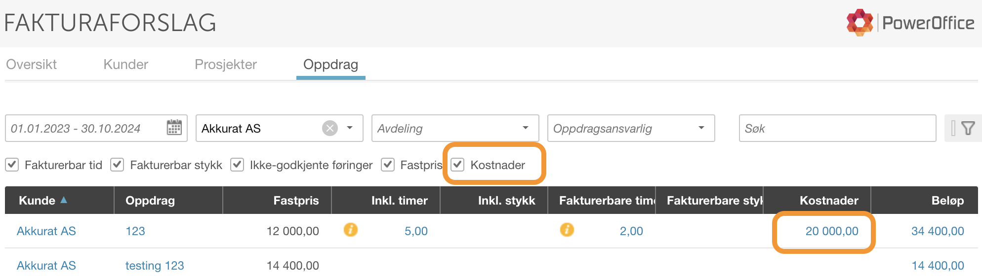 Fakturaforslag Oppdrag-fane: Akkurat AS oppdrag 123 med fastpris 12 000, Kostnader-kolonne markert