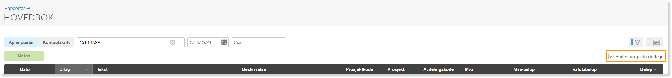 Hovedbok-visning med filter for kontonummer 1510-1599, dato 23.10.2024, og tabellkolonner for bilag, tekst, prosjekt og beløp
